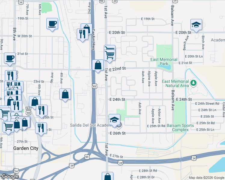 map of restaurants, bars, coffee shops, grocery stores, and more near 2280 1st Avenue in Greeley
