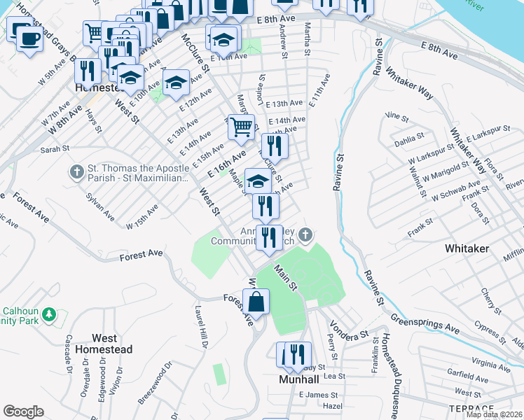 map of restaurants, bars, coffee shops, grocery stores, and more near 150 East 20th Avenue in Munhall