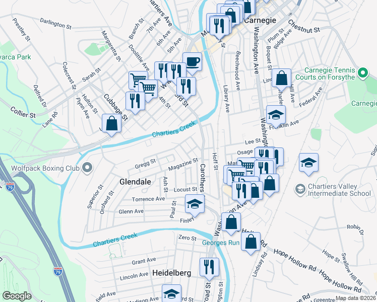 map of restaurants, bars, coffee shops, grocery stores, and more near 434 Kismet Street in Carnegie