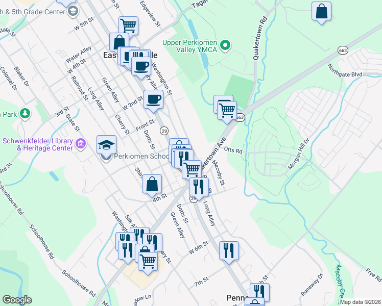 map of restaurants, bars, coffee shops, grocery stores, and more near 817 Quakertown Avenue in Pennsburg