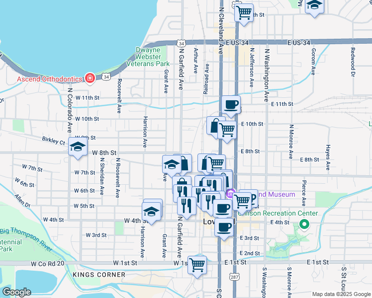 map of restaurants, bars, coffee shops, grocery stores, and more near 808 North Garfield Avenue in Loveland