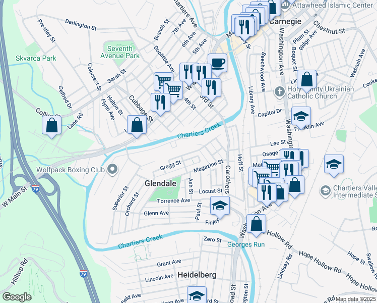 map of restaurants, bars, coffee shops, grocery stores, and more near 316 Boroview Street in Carnegie
