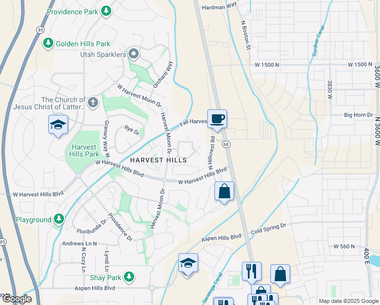 map of restaurants, bars, coffee shops, grocery stores, and more near 2109 North Aurora Way in Saratoga Springs