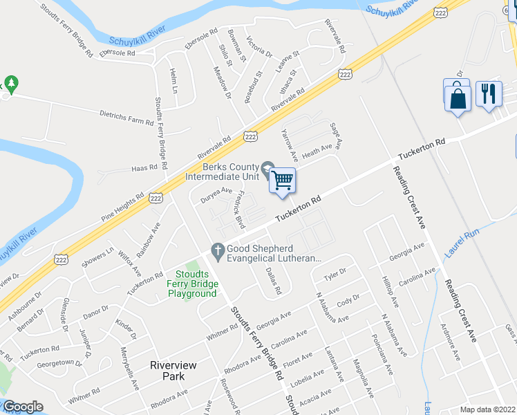 map of restaurants, bars, coffee shops, grocery stores, and more near 1145 Fredrick Boulevard in Reading