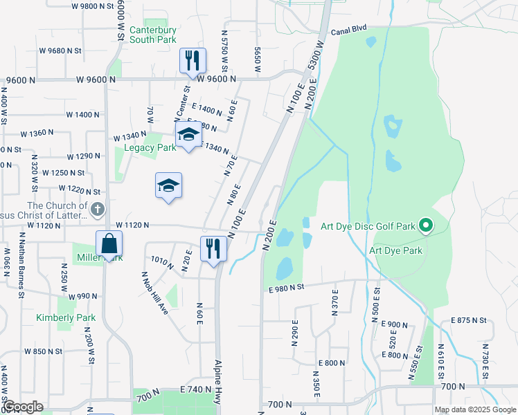 map of restaurants, bars, coffee shops, grocery stores, and more near 1185 160 East Street in American Fork