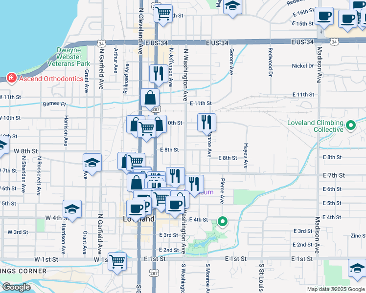 map of restaurants, bars, coffee shops, grocery stores, and more near 845 North Washington Avenue in Loveland