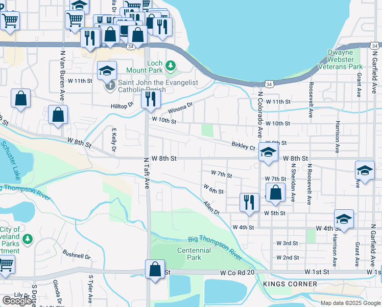 map of restaurants, bars, coffee shops, grocery stores, and more near 1109 Gard Place in Loveland
