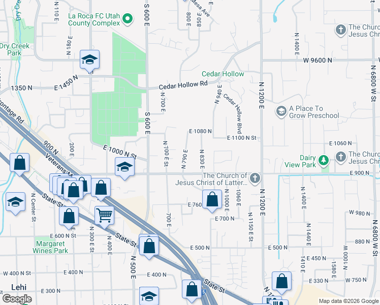 map of restaurants, bars, coffee shops, grocery stores, and more near 1065 North 790 East in Lehi