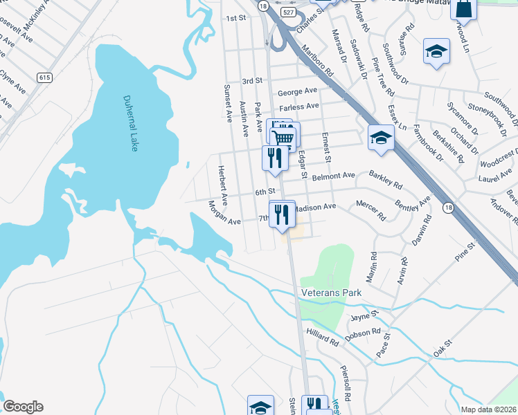 map of restaurants, bars, coffee shops, grocery stores, and more near 34 6th Street in Old Bridge
