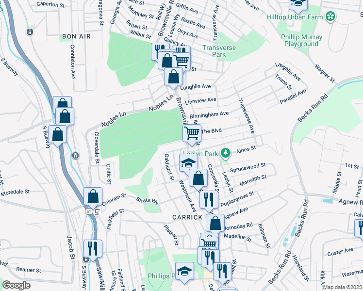 map of restaurants, bars, coffee shops, grocery stores, and more near 1503 Brownsville Road in Pittsburgh
