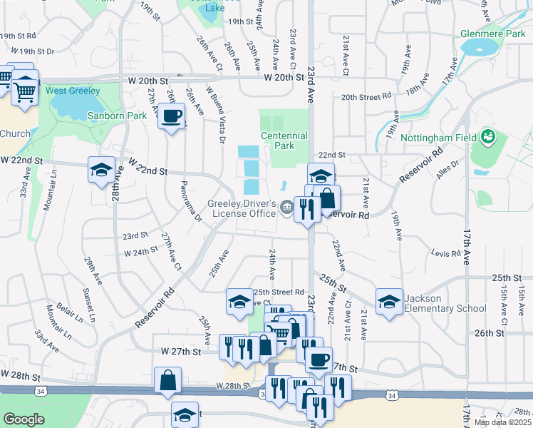 map of restaurants, bars, coffee shops, grocery stores, and more near 2408 Reservoir Road in Greeley