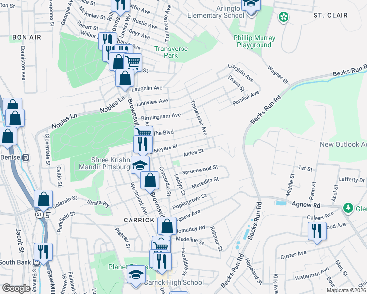 map of restaurants, bars, coffee shops, grocery stores, and more near 200 The Boulevard in Pittsburgh