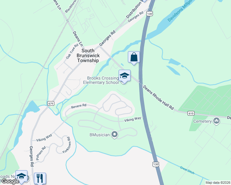 map of restaurants, bars, coffee shops, grocery stores, and more near 42 Potomac Road in South Brunswick Township