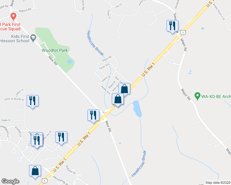 map of restaurants, bars, coffee shops, grocery stores, and more near 10 Maine Street in South Brunswick Township
