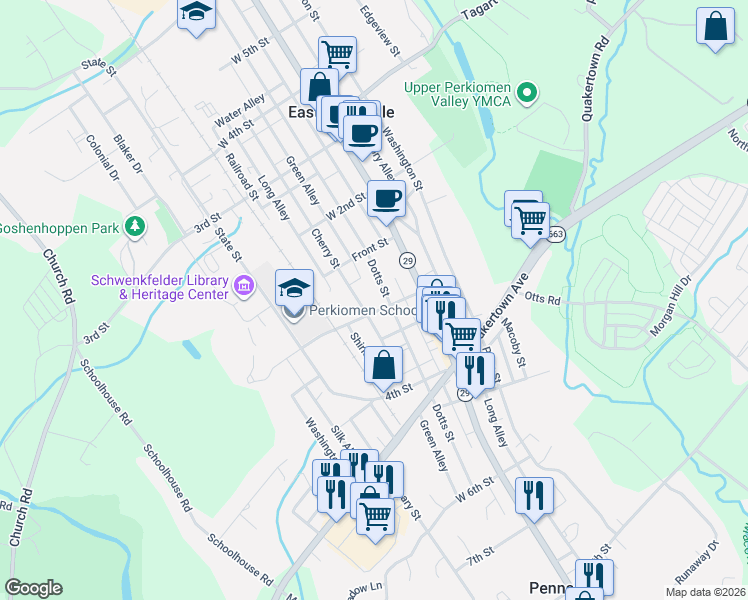 map of restaurants, bars, coffee shops, grocery stores, and more near 101 West 2nd Street in Pennsburg