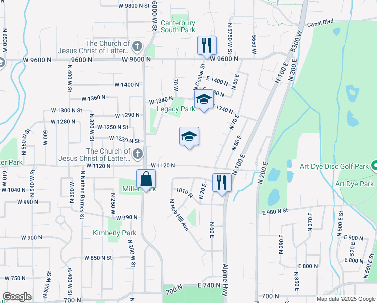map of restaurants, bars, coffee shops, grocery stores, and more near 20 West 1120 North in American Fork