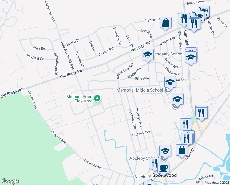 map of restaurants, bars, coffee shops, grocery stores, and more near 369 Adirondack Avenue in Spotswood