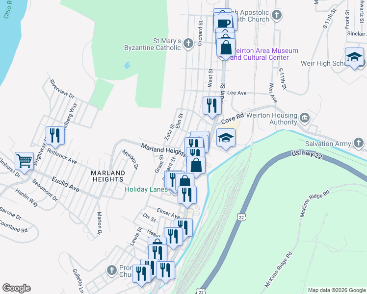 map of restaurants, bars, coffee shops, grocery stores, and more near 3532 Orchard Street in Weirton