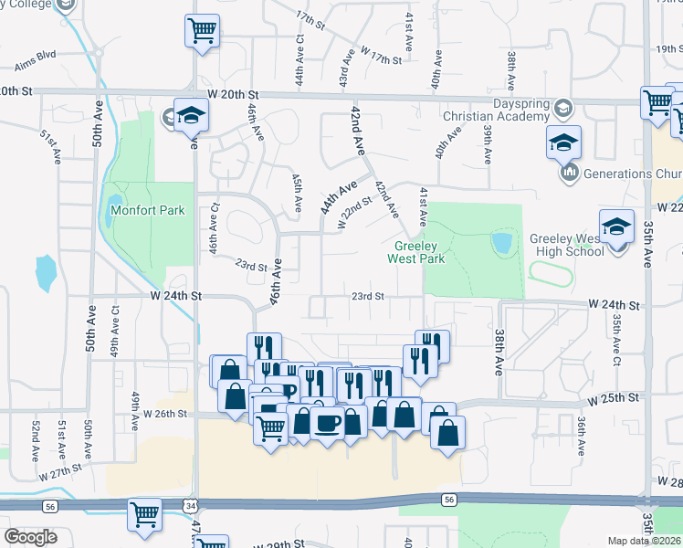 map of restaurants, bars, coffee shops, grocery stores, and more near 4324 West 23rd Street in Greeley
