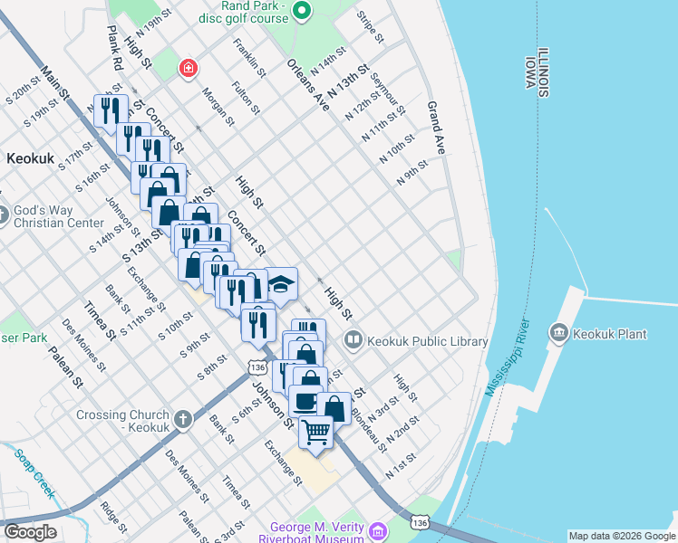 map of restaurants, bars, coffee shops, grocery stores, and more near 801 Morgan Street in Keokuk
