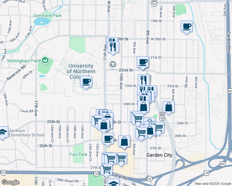 map of restaurants, bars, coffee shops, grocery stores, and more near 1016 23rd Street in Greeley
