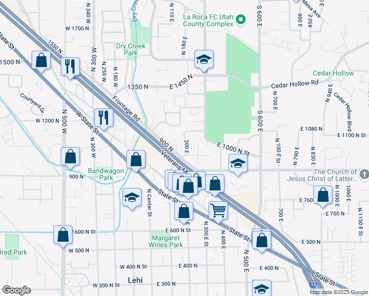 map of restaurants, bars, coffee shops, grocery stores, and more near 1044 200 East in Lehi