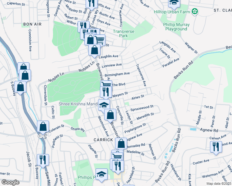 map of restaurants, bars, coffee shops, grocery stores, and more near 118 The Boulevard in Pittsburgh