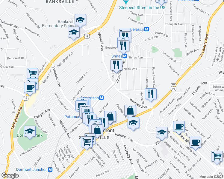 map of restaurants, bars, coffee shops, grocery stores, and more near 2606 Broadway Avenue in Pittsburgh