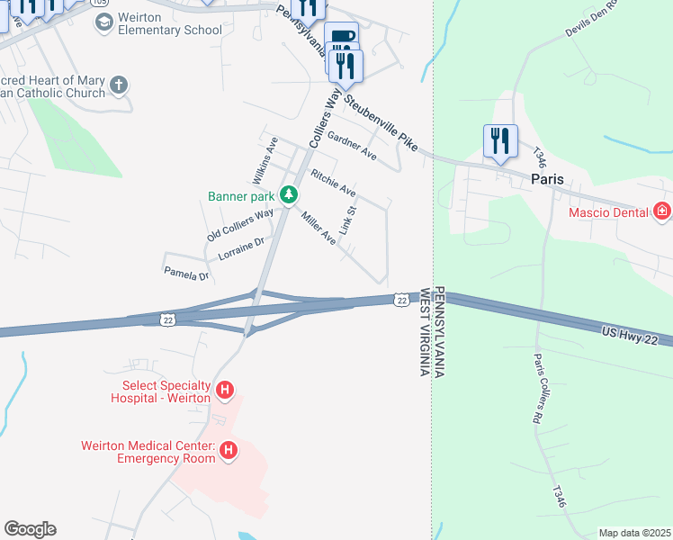 map of restaurants, bars, coffee shops, grocery stores, and more near 268 Miller Ave in Weirton