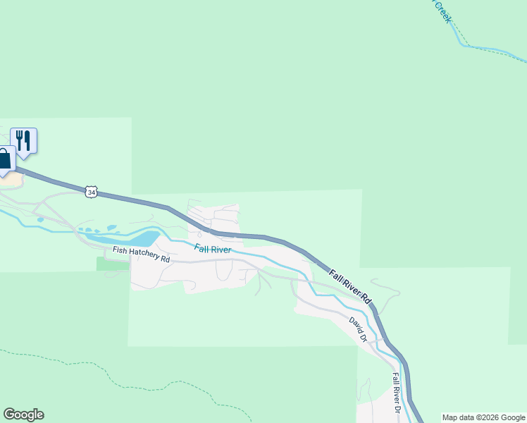map of restaurants, bars, coffee shops, grocery stores, and more near 2701 Fall River Road in Estes Park