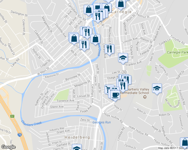 map of restaurants, bars, coffee shops, grocery stores, and more near 431 Carothers Avenue in Carnegie