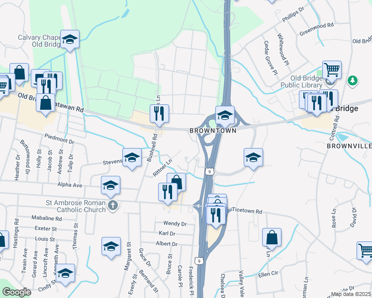 map of restaurants, bars, coffee shops, grocery stores, and more near 2 Rittner Lane in Old Bridge
