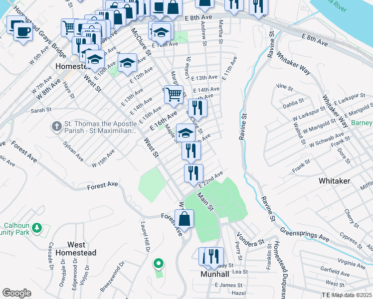 map of restaurants, bars, coffee shops, grocery stores, and more near in West Homestead