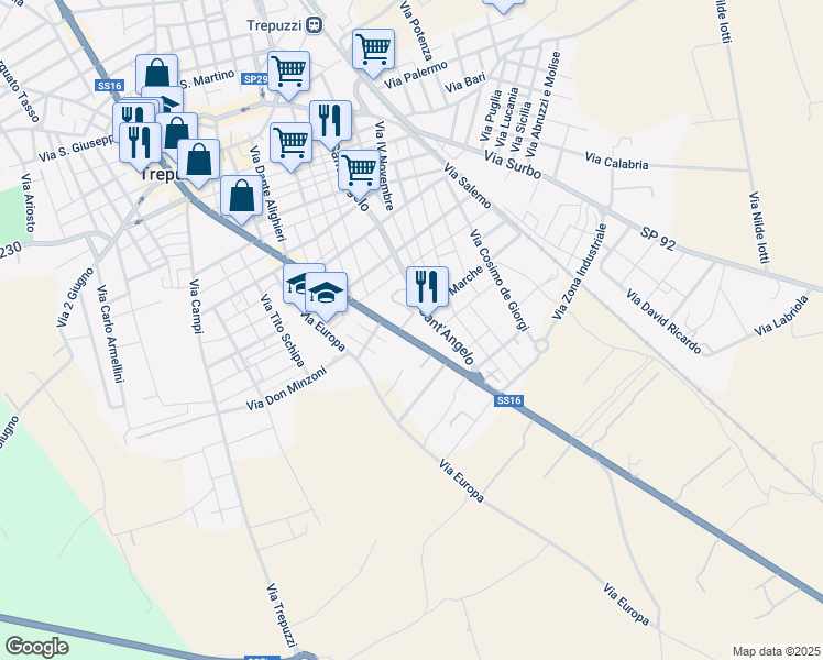 map of restaurants, bars, coffee shops, grocery stores, and more near 227A Via Sant'Angelo in Trepuzzi