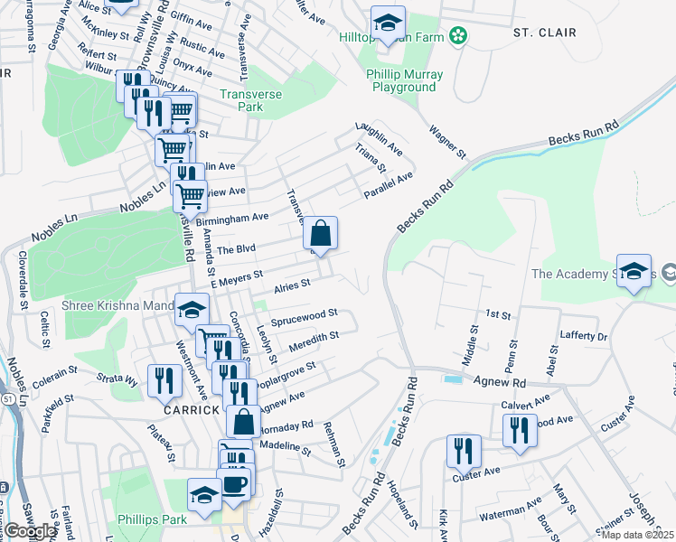 map of restaurants, bars, coffee shops, grocery stores, and more near 1615 Fredell Street in Pittsburgh