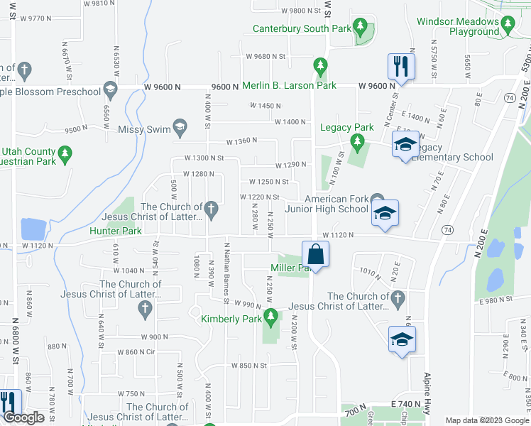 map of restaurants, bars, coffee shops, grocery stores, and more near 1199 North 250 West in American Fork