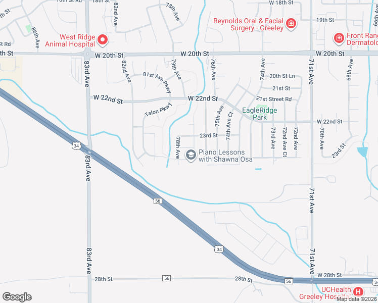map of restaurants, bars, coffee shops, grocery stores, and more near 7706 23rd Street Road in Greeley