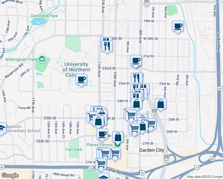 map of restaurants, bars, coffee shops, grocery stores, and more near 1016 23rd Street in Greeley