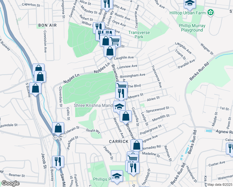 map of restaurants, bars, coffee shops, grocery stores, and more near 1503 Brownsville Road in Pittsburgh