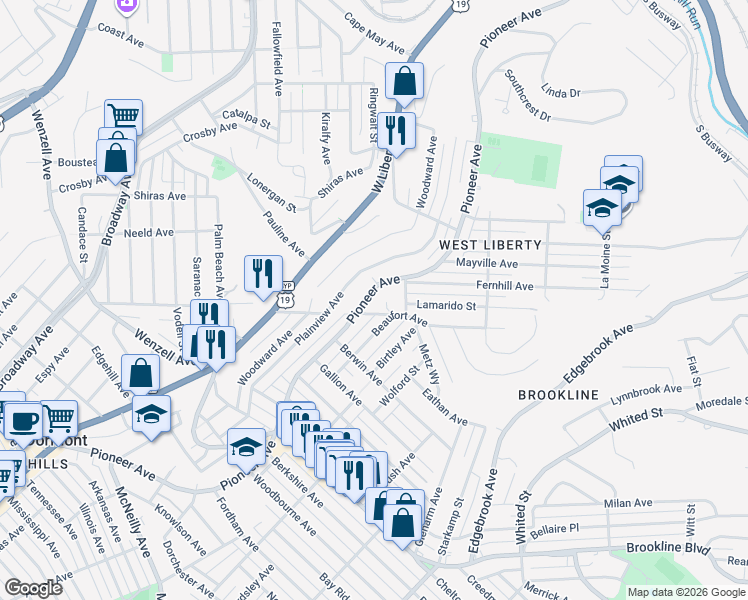 map of restaurants, bars, coffee shops, grocery stores, and more near 2095 Pioneer Avenue in Pittsburgh