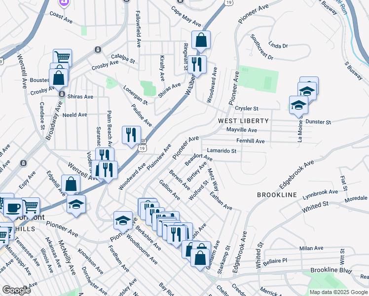 map of restaurants, bars, coffee shops, grocery stores, and more near 2095 Pioneer Avenue in Pittsburgh