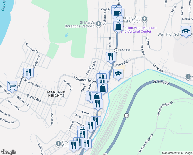 map of restaurants, bars, coffee shops, grocery stores, and more near 3514 Orchard Street in Weirton