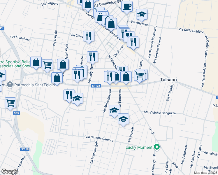 map of restaurants, bars, coffee shops, grocery stores, and more near 35-43 Via Borromini in Taranto