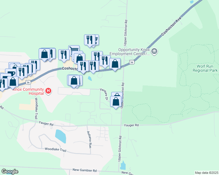 map of restaurants, bars, coffee shops, grocery stores, and more near 1605 Venture Drive in Mount Vernon