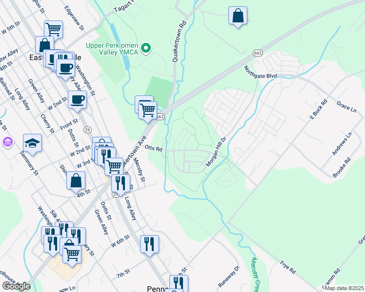 map of restaurants, bars, coffee shops, grocery stores, and more near 2010 Berkeley Drive in Pennsburg