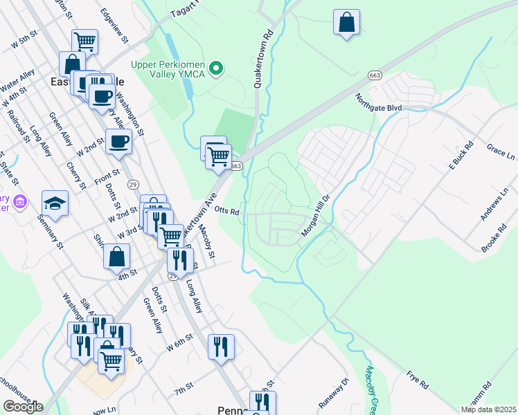 map of restaurants, bars, coffee shops, grocery stores, and more near 2013 Morgan Hill Drive in Pennsburg