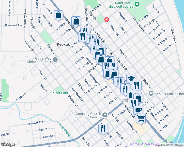 map of restaurants, bars, coffee shops, grocery stores, and more near 1303 Exchange Street in Keokuk