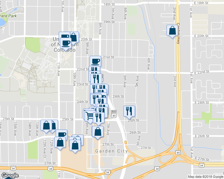 map of restaurants, bars, coffee shops, grocery stores, and more near 2315 7th Avenue in Greeley