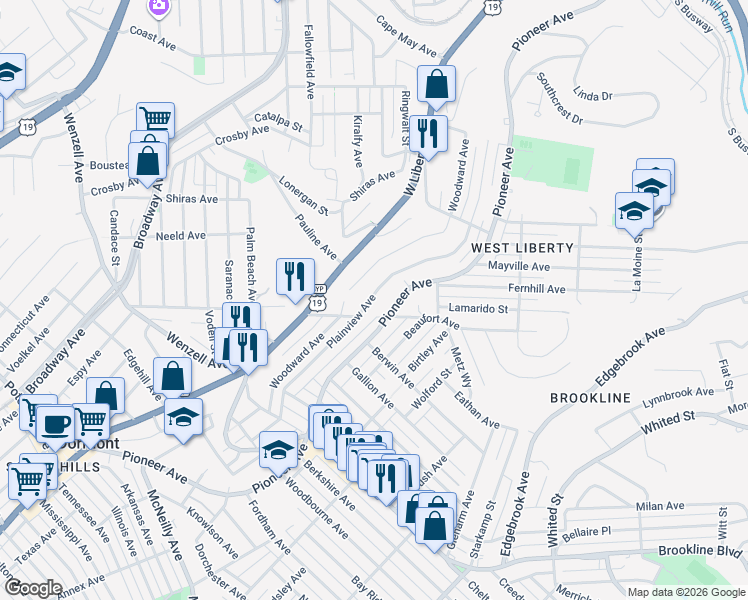 map of restaurants, bars, coffee shops, grocery stores, and more near 2123 Plainview Avenue in Pittsburgh