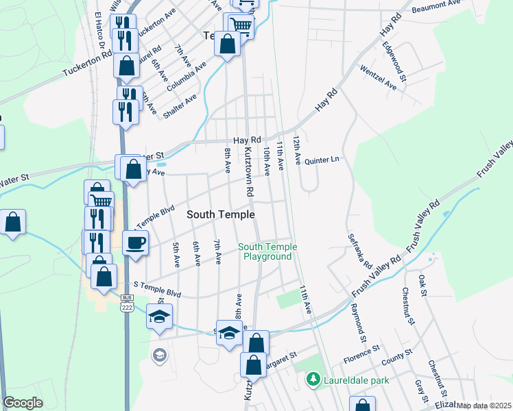 map of restaurants, bars, coffee shops, grocery stores, and more near 4249 Kutztown Road in Temple